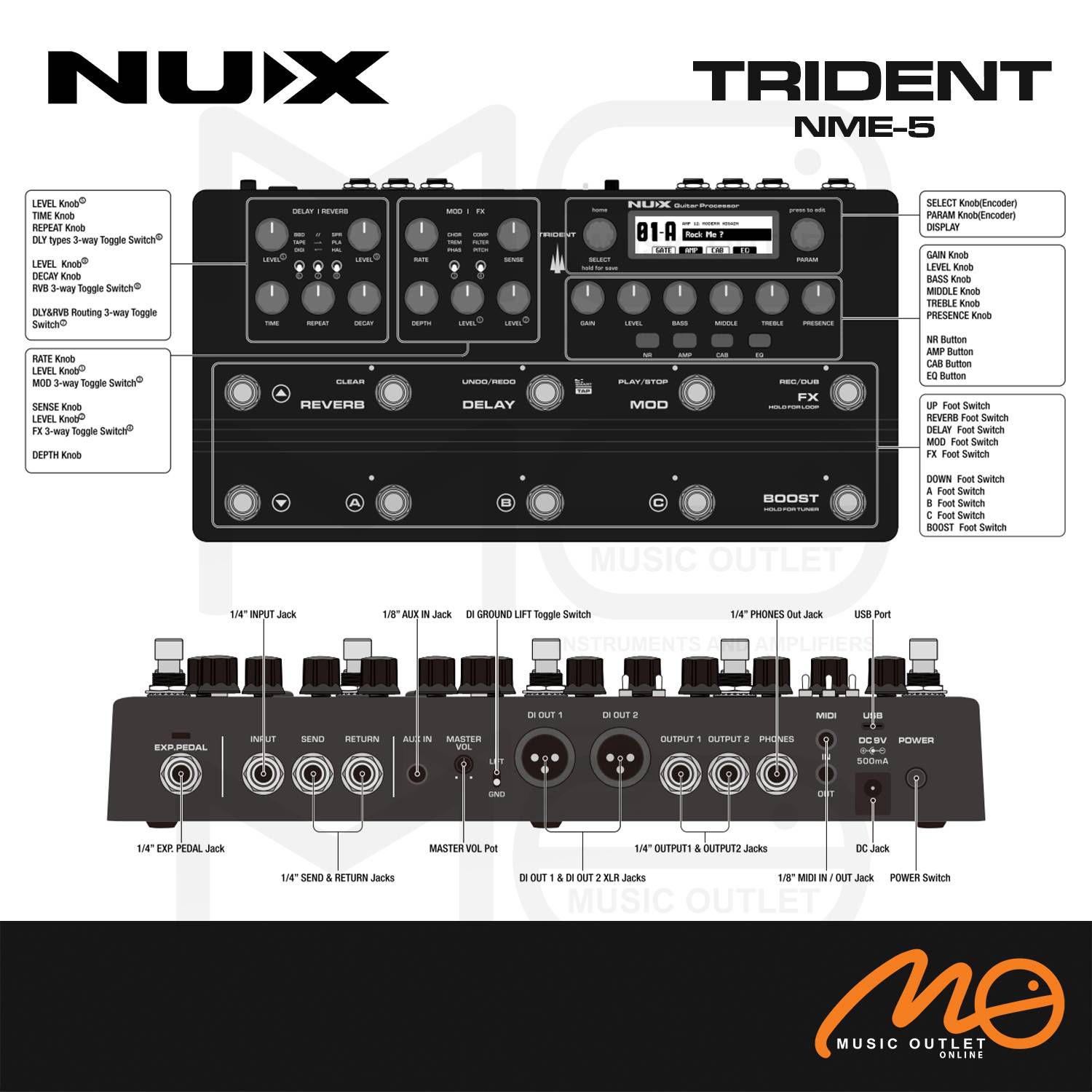 NUX NME5 TRIDENT MODELER GUITAR PROCESSOR MULTI EFFECTS PEDAL WITH IR